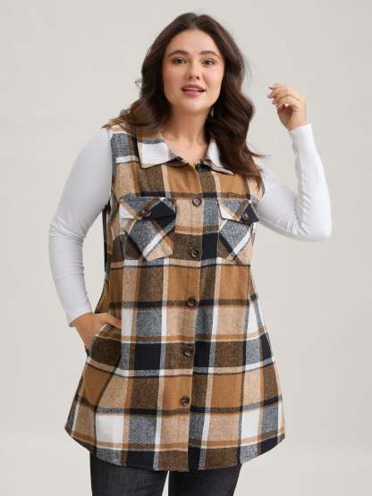 Plaid Flap Detail Sleeveless Jacket