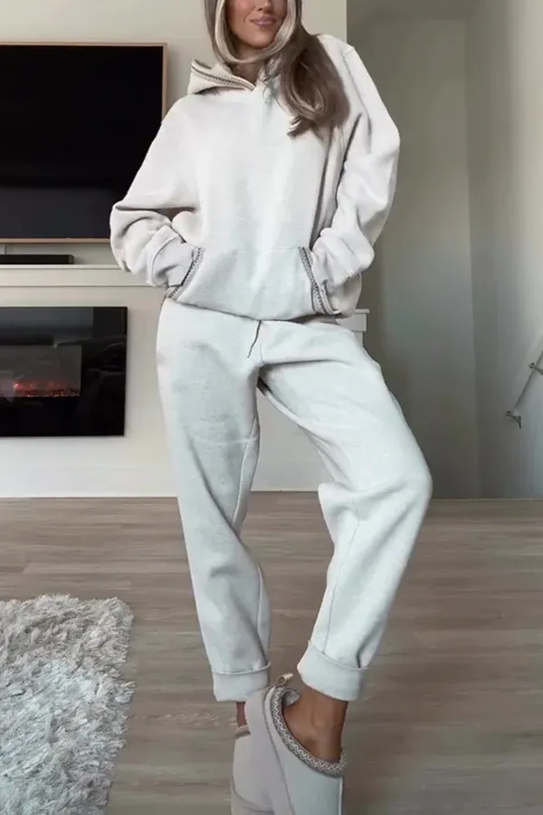 Braid Trim Kangaroo Pocket Hooded Sweatshirt and Elastic Waist Jogger Pants Set