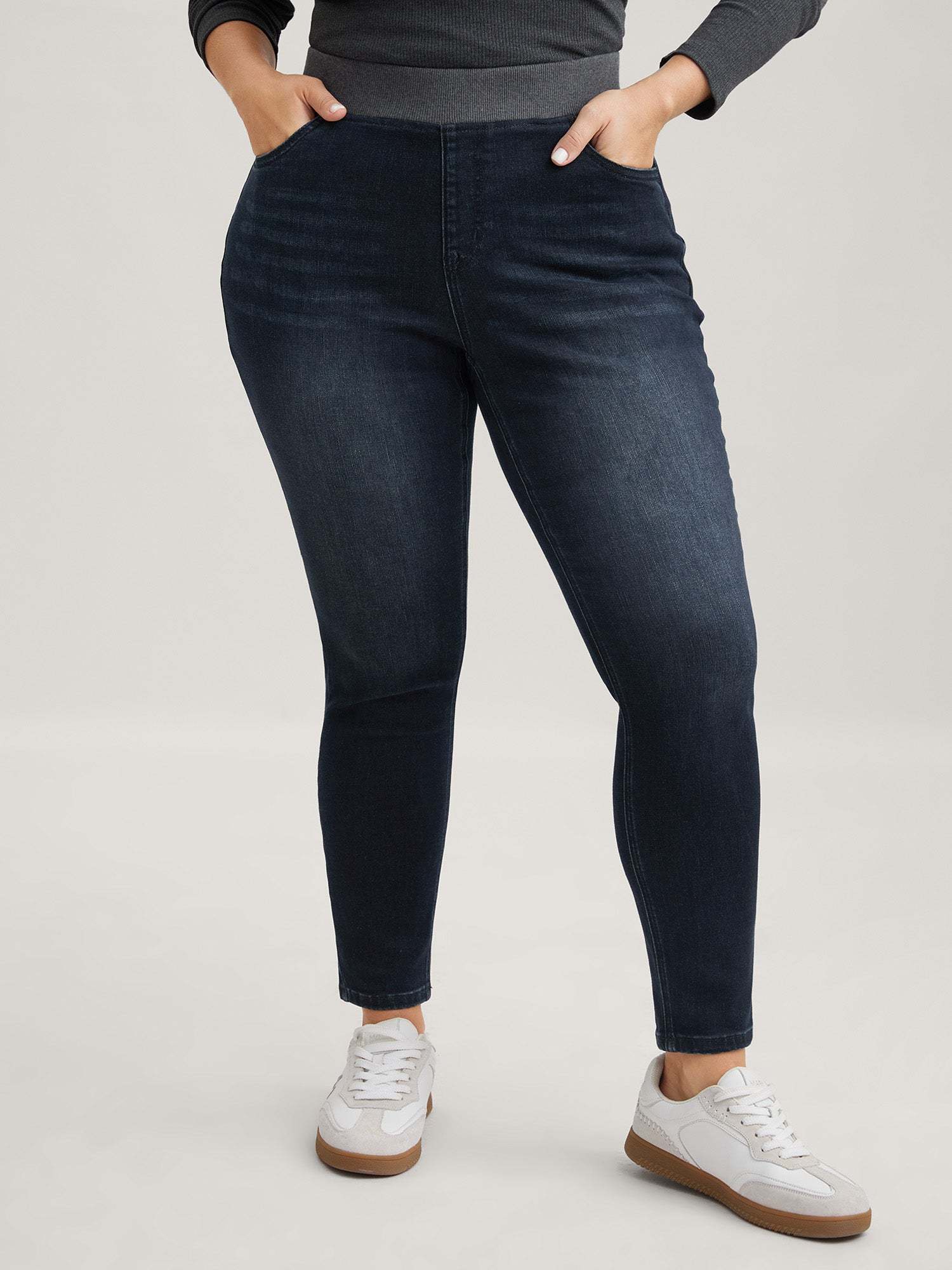 Stretchy Whiskered Waist Skinny Knit Jeans