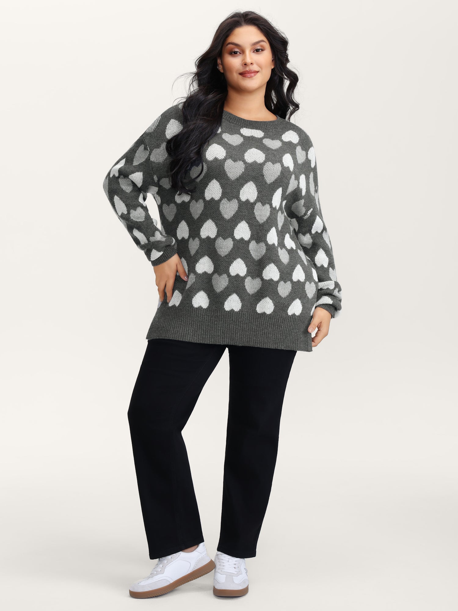 Monochrome Hearts Slit Round Neck Pullover