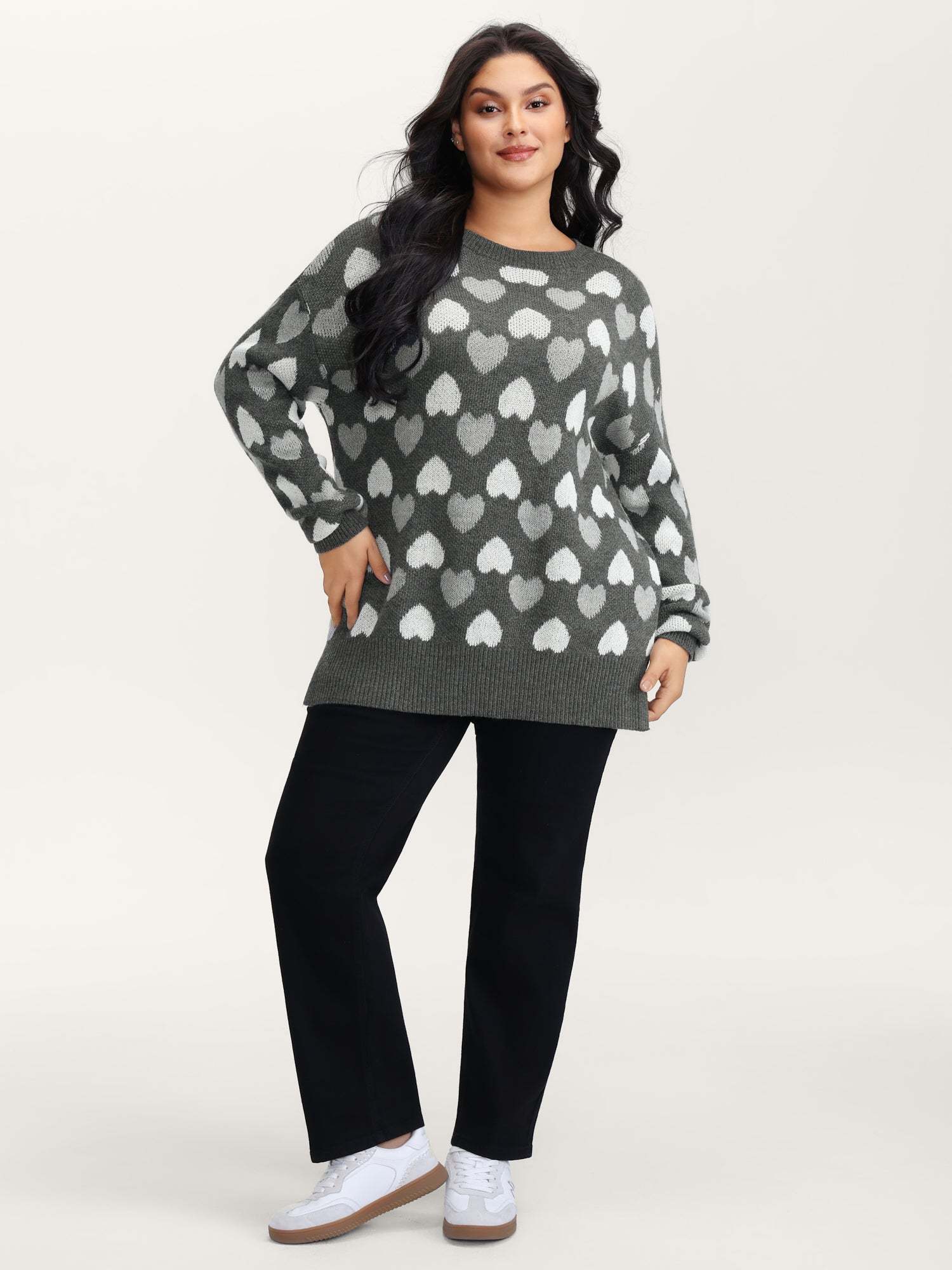 Monochrome Hearts Slit Round Neck Pullover