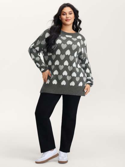 Monochrome Hearts Slit Round Neck Pullover