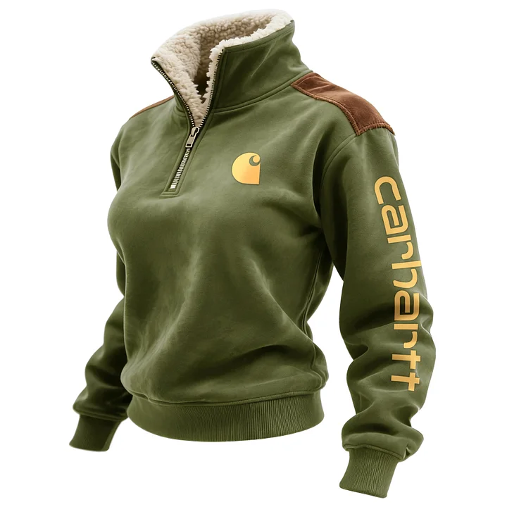 Retro Western Style Women's Contrast Color Patch Suede 1/4 Zip Stand Collar Sweatshirt