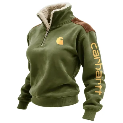 Retro Western Style Women's Contrast Color Patch Suede 1/4 Zip Stand Collar Sweatshirt