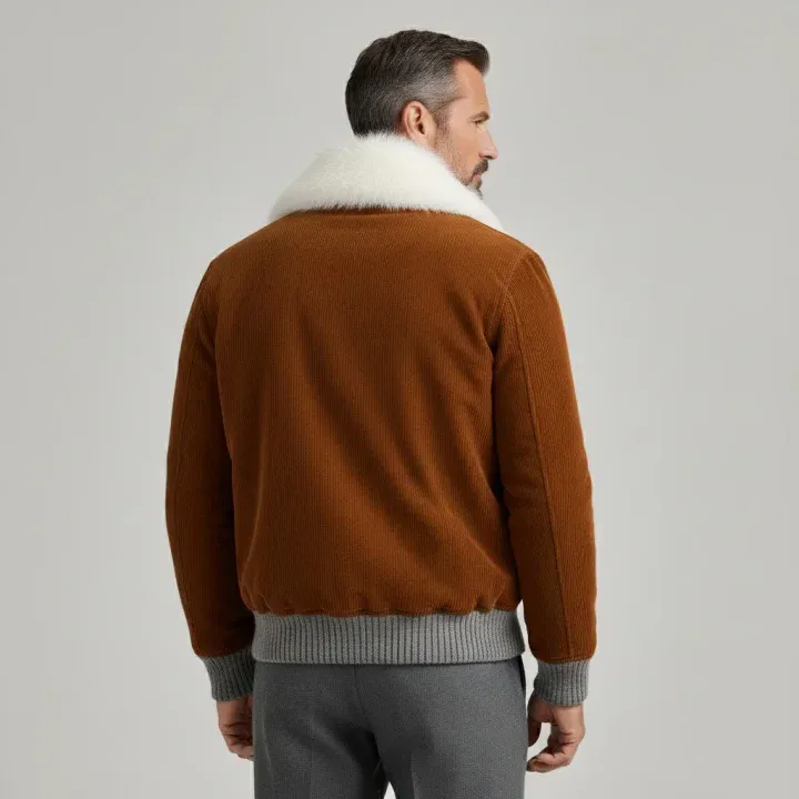 Men's Brown Corduroy Furry Collar Long Sleeve Knit Cuffs Flap Pockets Jacket