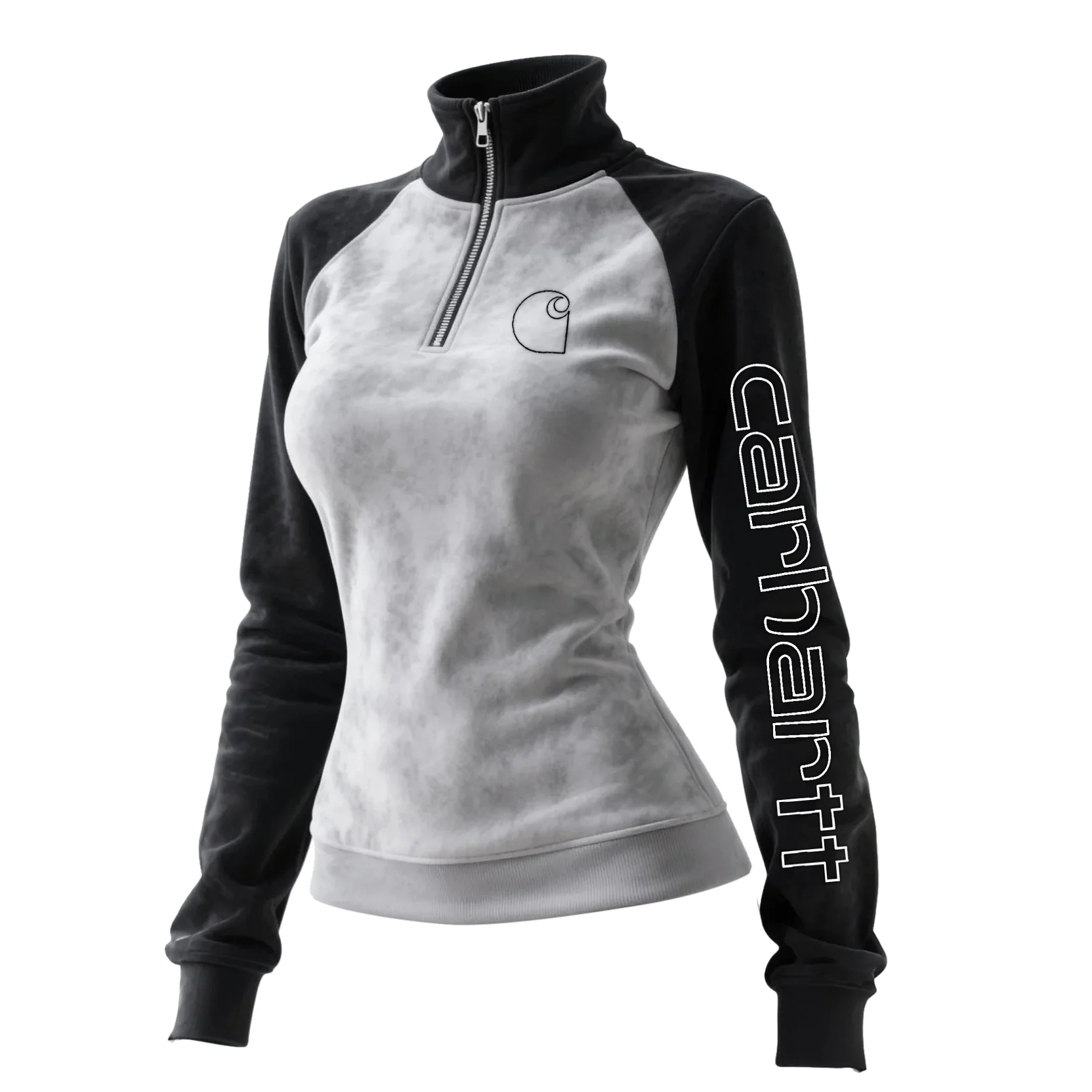  Women's Retro Western Style Contrast Panel Stand Collar Sweatshirt Gray and Black