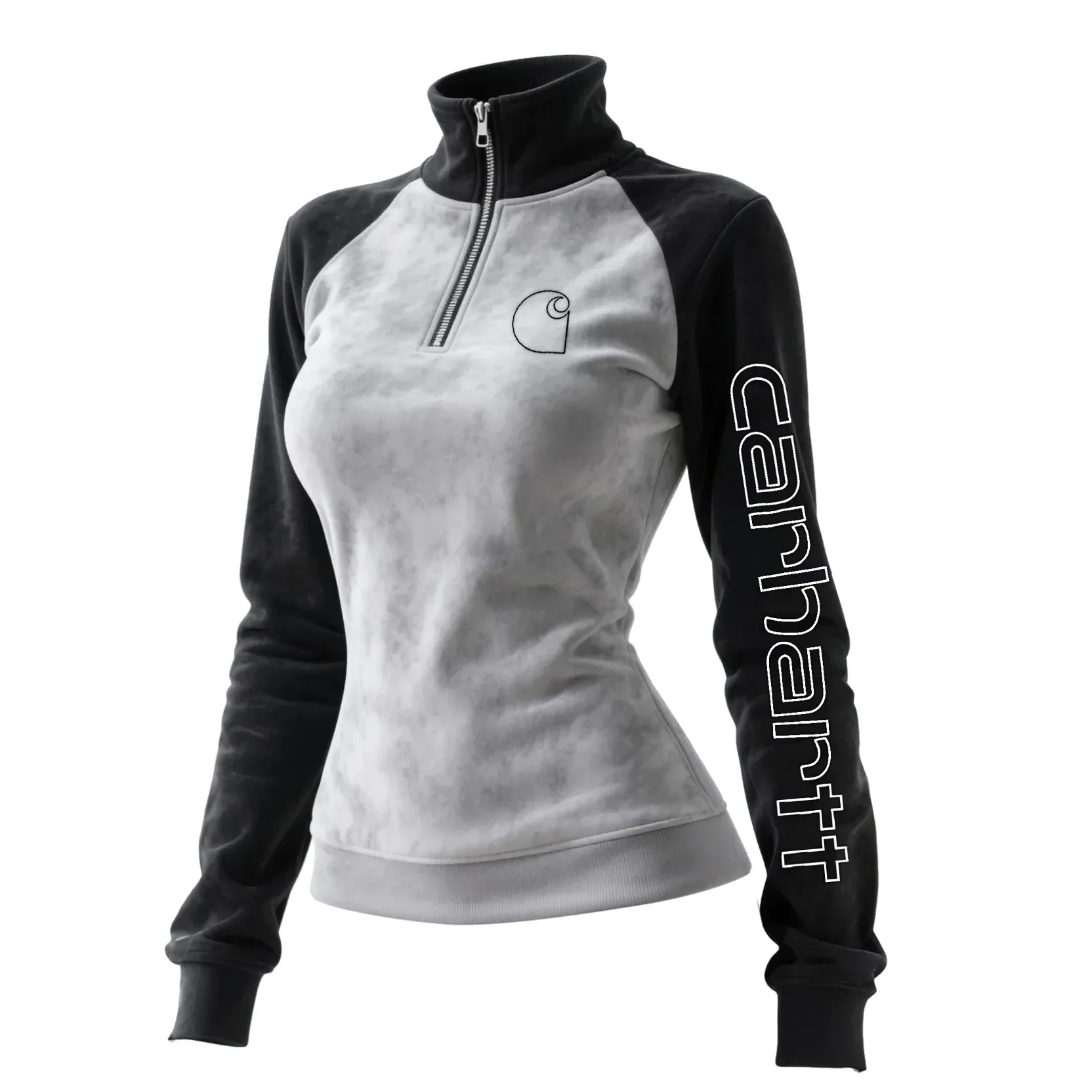  Women's Retro Western Style Contrast Panel Stand Collar Sweatshirt Gray and Black