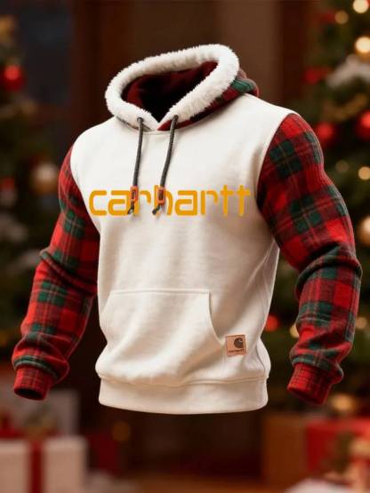 Men's Plaid Stitching Contrast Color Fur Collar Christmas Atmosphere Hooded Sweatshirt
