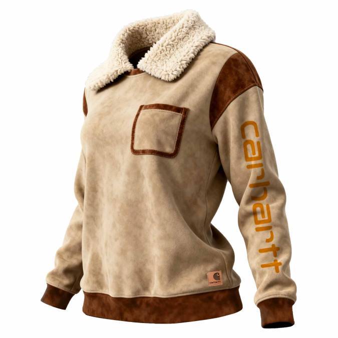 Women's Vintage Khaki And Brown Suede Pocket Fleece Lapel Sweatshirt