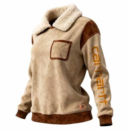 Women's Vintage Khaki And Brown Suede Pocket Fleece Lapel Sweatshirt