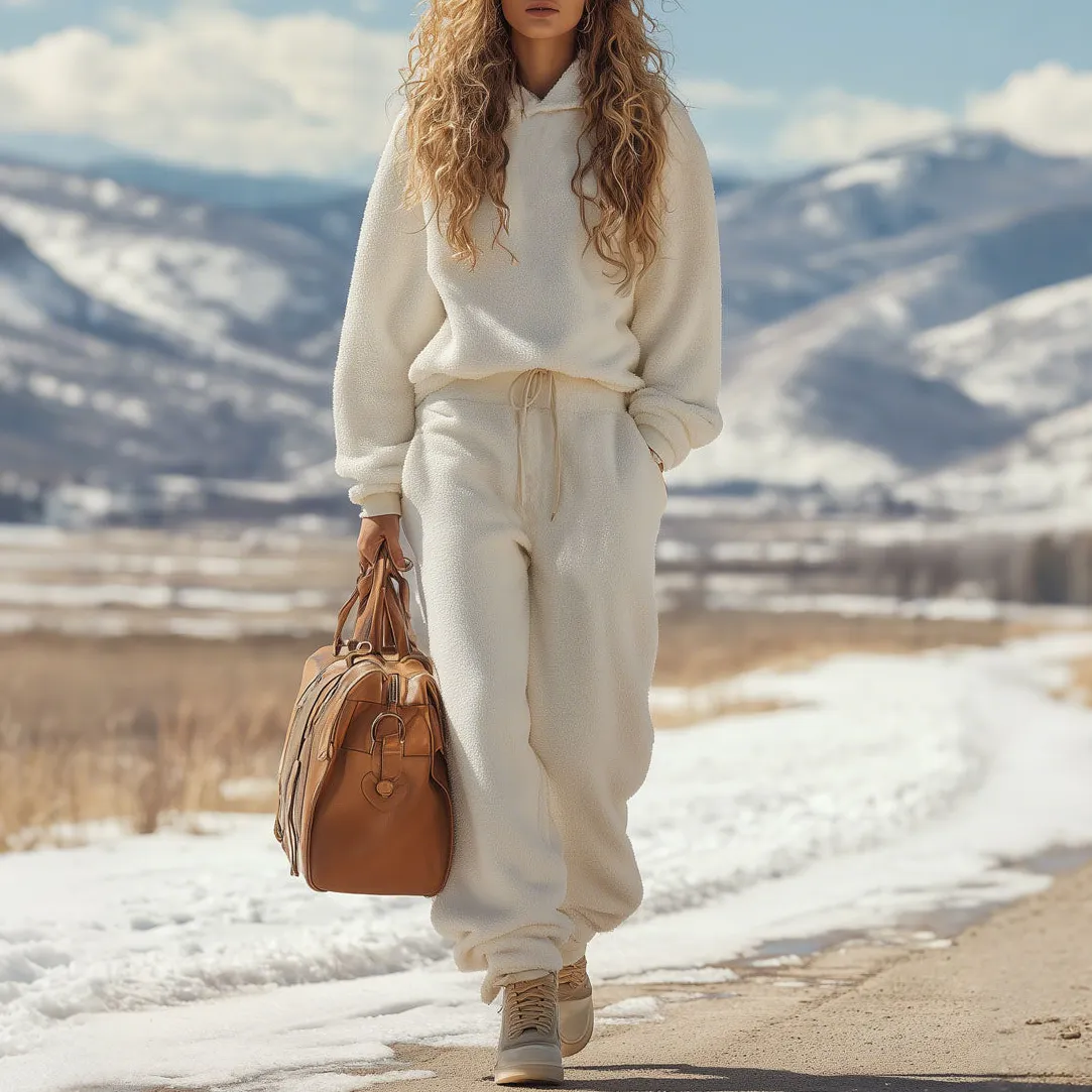 Fashion Retro White Polar Fleece Hoodie Sweatpants Sports Set