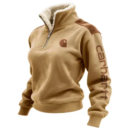 Retro Western Style Women's Contrast Color Patch Suede 1/4 Zip Stand Collar Sweatshirt