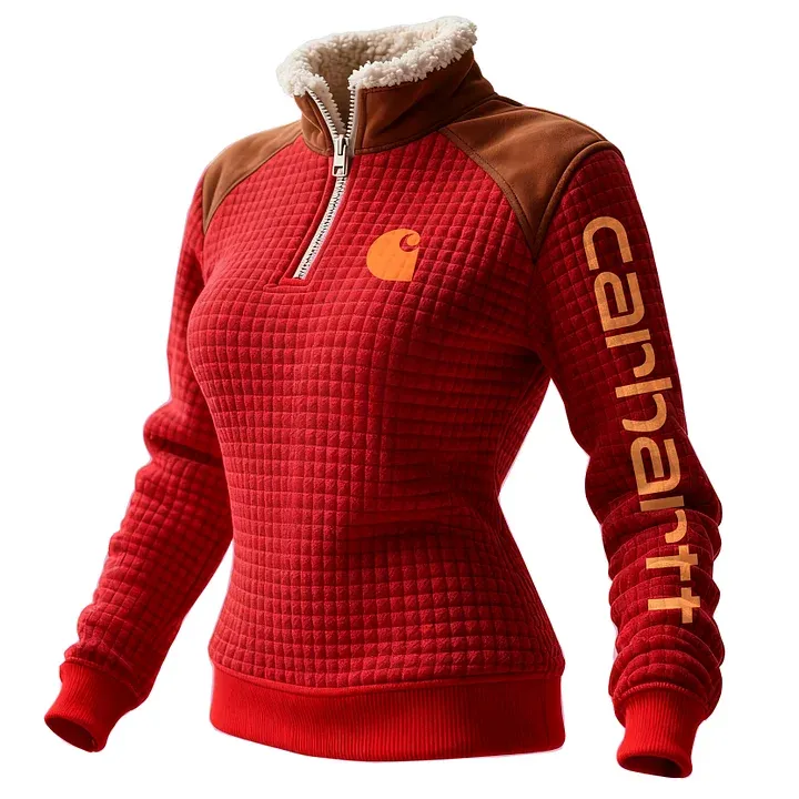 Women's Retro Western Style Waffle Contrast Suede Fleece Collar Stand Collar Sweatshirt