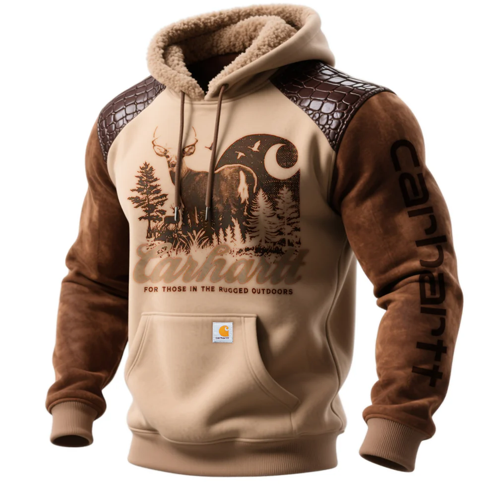 Men's Outdoor Vintage Style Leather Panel Hooded Sweatshirt