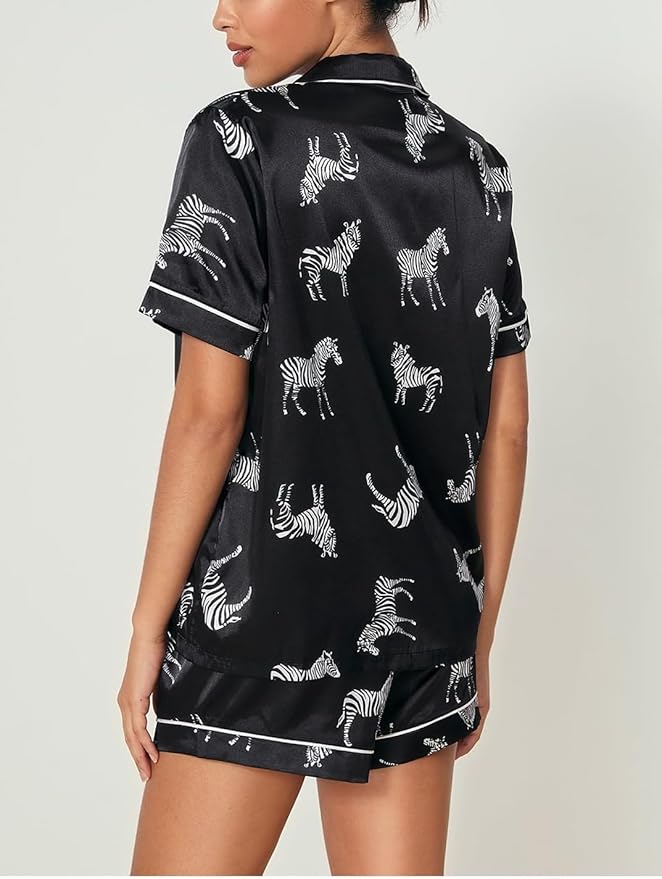 Women's Sleepwear Satin Short Sleeve Shirt and Shorts Cartoon Print Pajama Set