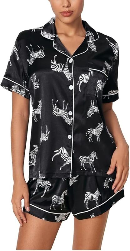 Women's Sleepwear Satin Short Sleeve Shirt and Shorts Cartoon Print Pajama Set