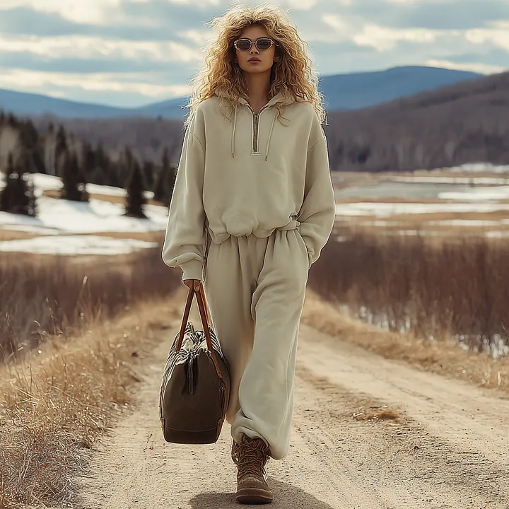 Casual Loose Plus Fleece Zipper Hooded Sweatshirt Trousers Sports Suit