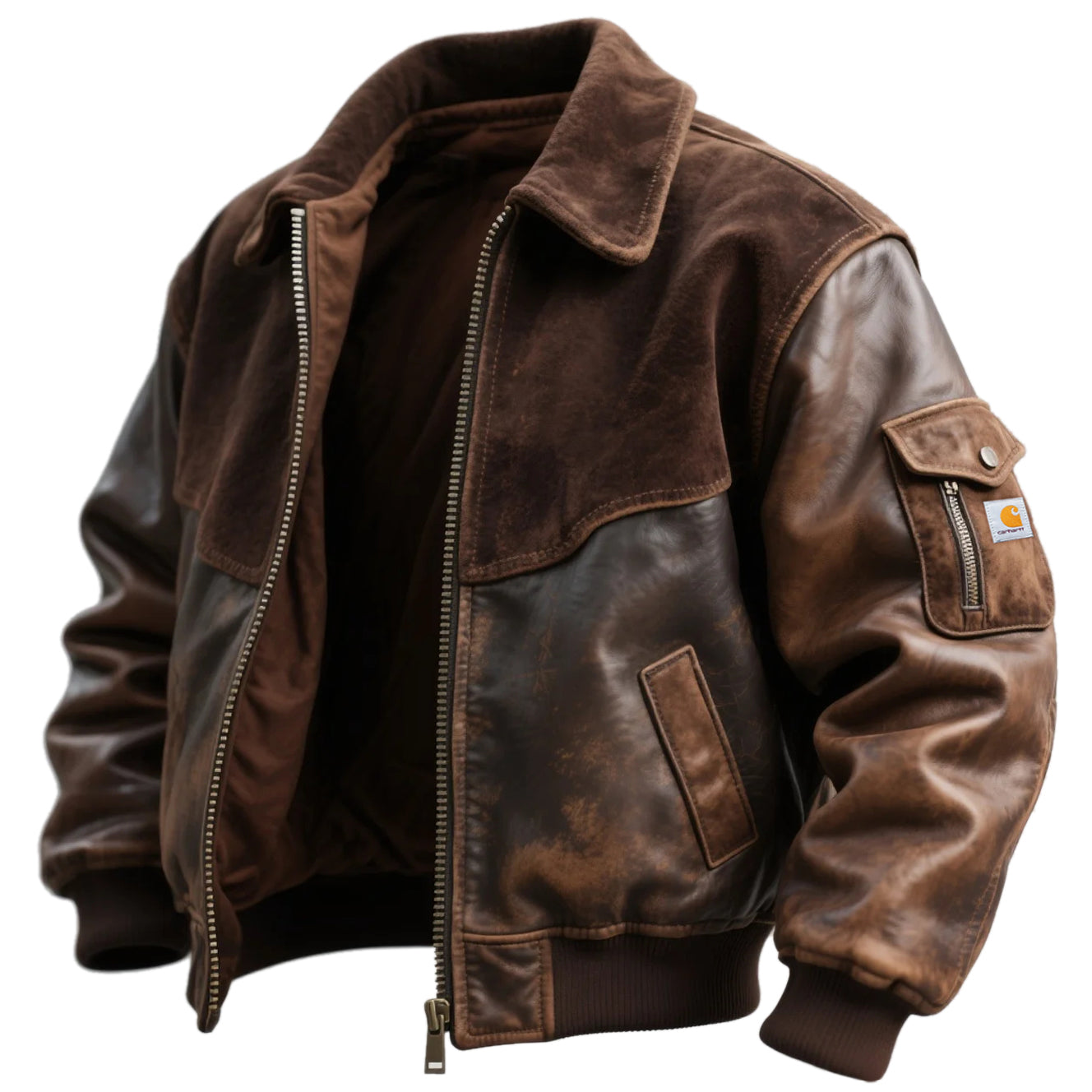 Vintage Contrast Color Stitching Suede Stitching Leather Lapel Zipper Cardigan Jacket