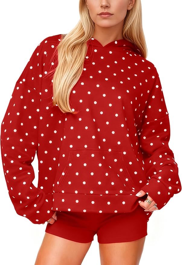 Women Polka Dot Hoodie Oversized Fleece Hooded Sweatshirt