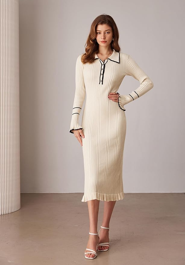 Women's Long Sleeve Sweater Dress Elegant Slim Fit V Neck Bodycon Pencil Knit Dress