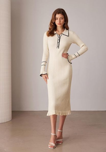 Women's Long Sleeve Sweater Dress Elegant Slim Fit V Neck Bodycon Pencil Knit Dress