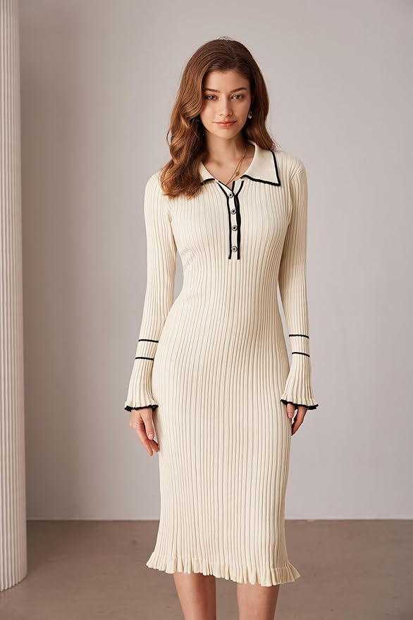 Women's Long Sleeve Sweater Dress Elegant Slim Fit V Neck Bodycon Pencil Knit Dress