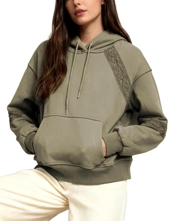 Women’s Oversized Hoodie Lace Patchwork Sweatshirt Long Sleeve Pullover Tops Fall Fashion Outfits
