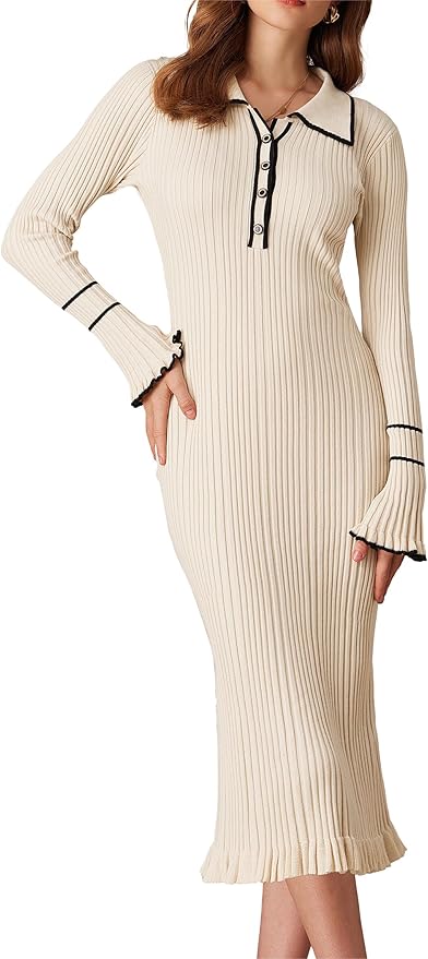Women's Long Sleeve Sweater Dress Elegant Slim Fit V Neck Bodycon Pencil Knit Dress
