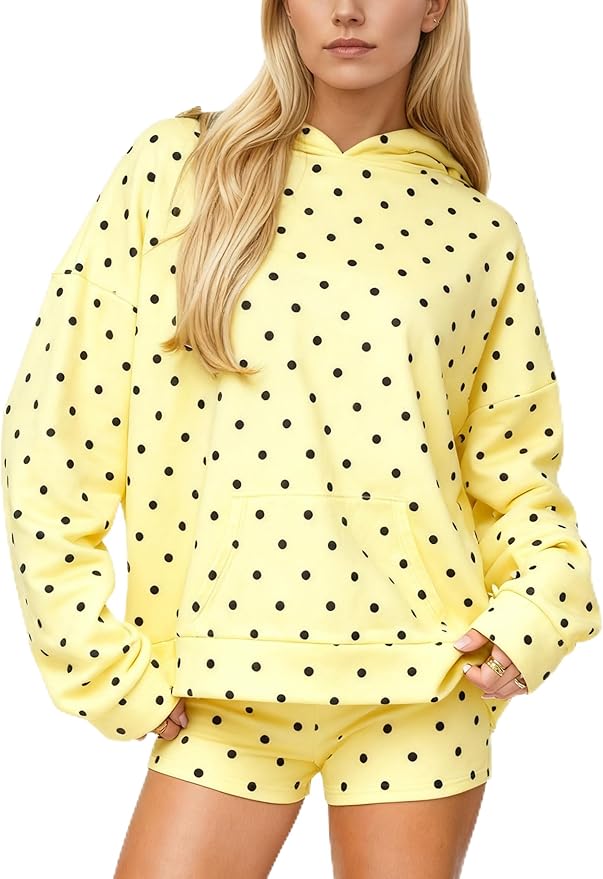 Women Polka Dot Hoodie Oversized Fleece Hooded Sweatshirt