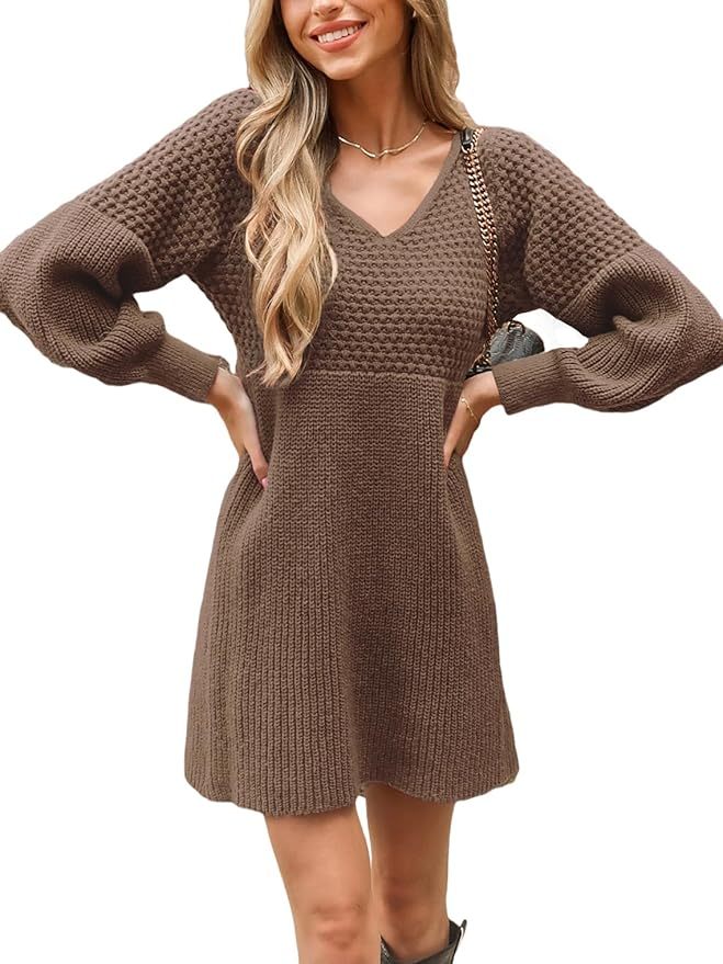Women's Honeycomb Knit V-Neck Mini Sweater Dress