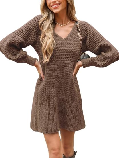 Women's Honeycomb Knit V-Neck Mini Sweater Dress