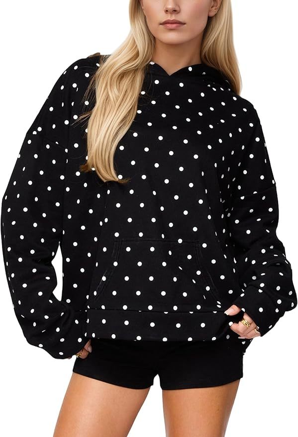 Women Polka Dot Hoodie Oversized Fleece Hooded Sweatshirt