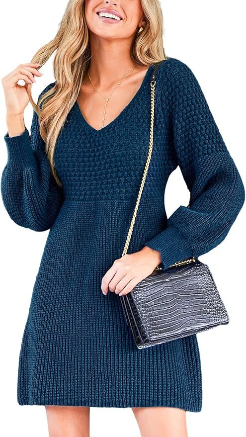 Women's Honeycomb Knit V-Neck Mini Sweater Dress