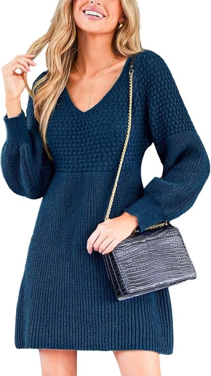 Women's Honeycomb Knit V-Neck Mini Sweater Dress