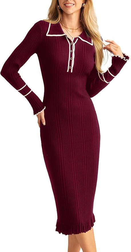 Women's Long Sleeve Sweater Dress Elegant Slim Fit V Neck Bodycon Pencil Knit Dress