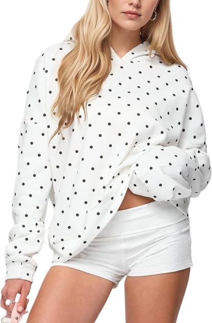 Women Polka Dot Hoodie Oversized Fleece Hooded Sweatshirt