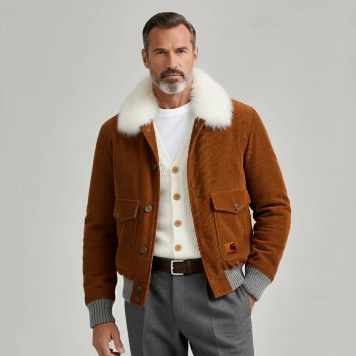 Men's Brown Corduroy Furry Collar Long Sleeve Knit Cuffs Flap Pockets Jacket