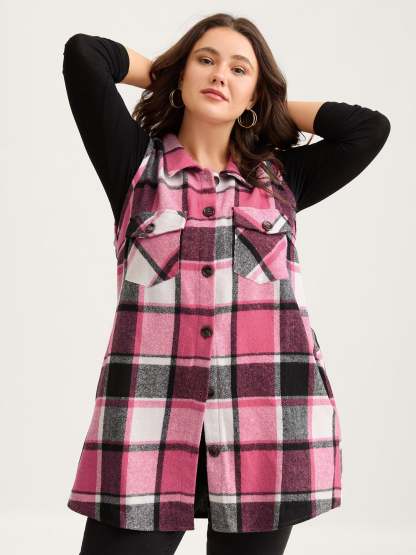 Plaid Flap Detail Sleeveless Jacket