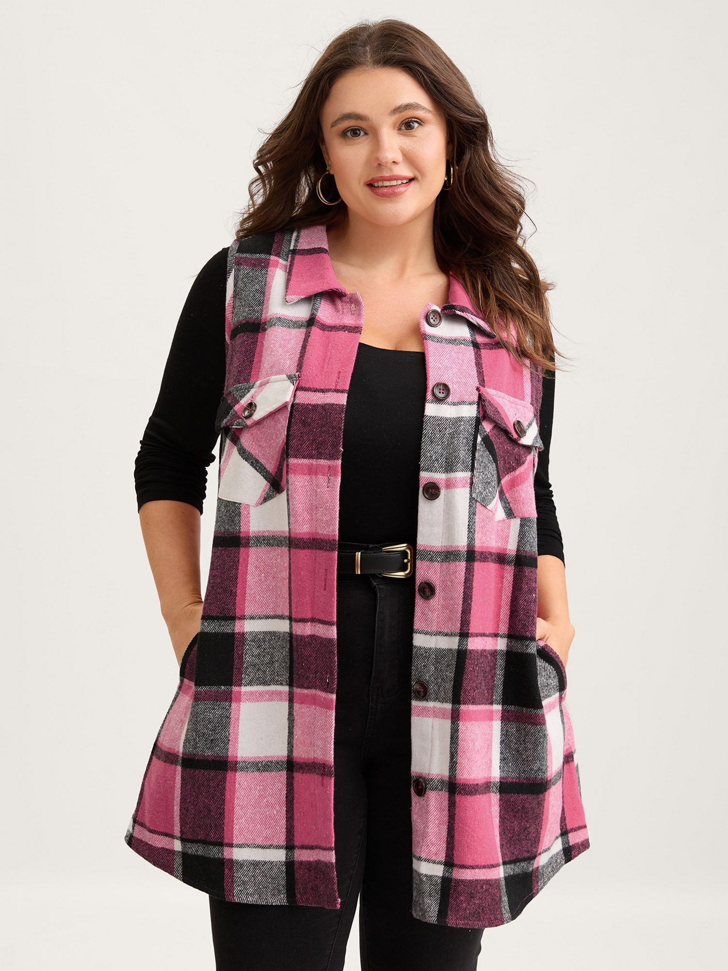 Plaid Flap Detail Sleeveless Jacket