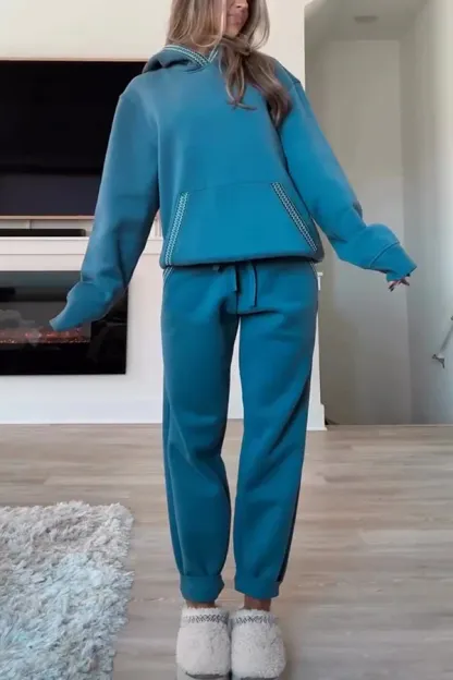 Braid Trim Kangaroo Pocket Hooded Sweatshirt and Elastic Waist Jogger Pants Set