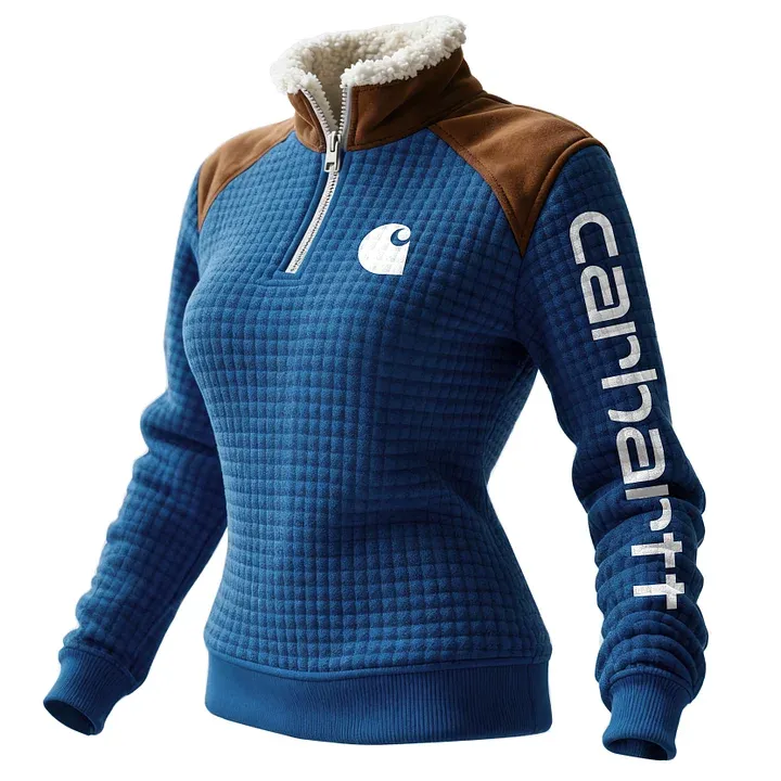 Women's Retro Western Style Waffle Contrast Suede Fleece Collar Stand Collar Sweatshirt