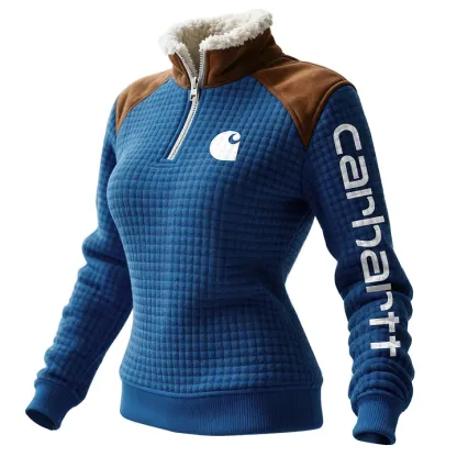 Women's Retro Western Style Waffle Contrast Suede Fleece Collar Stand Collar Sweatshirt