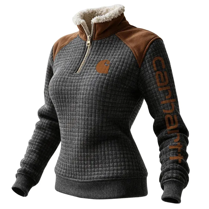 Women's Retro Western Style Waffle Contrast Suede Fleece Collar Stand Collar Sweatshirt