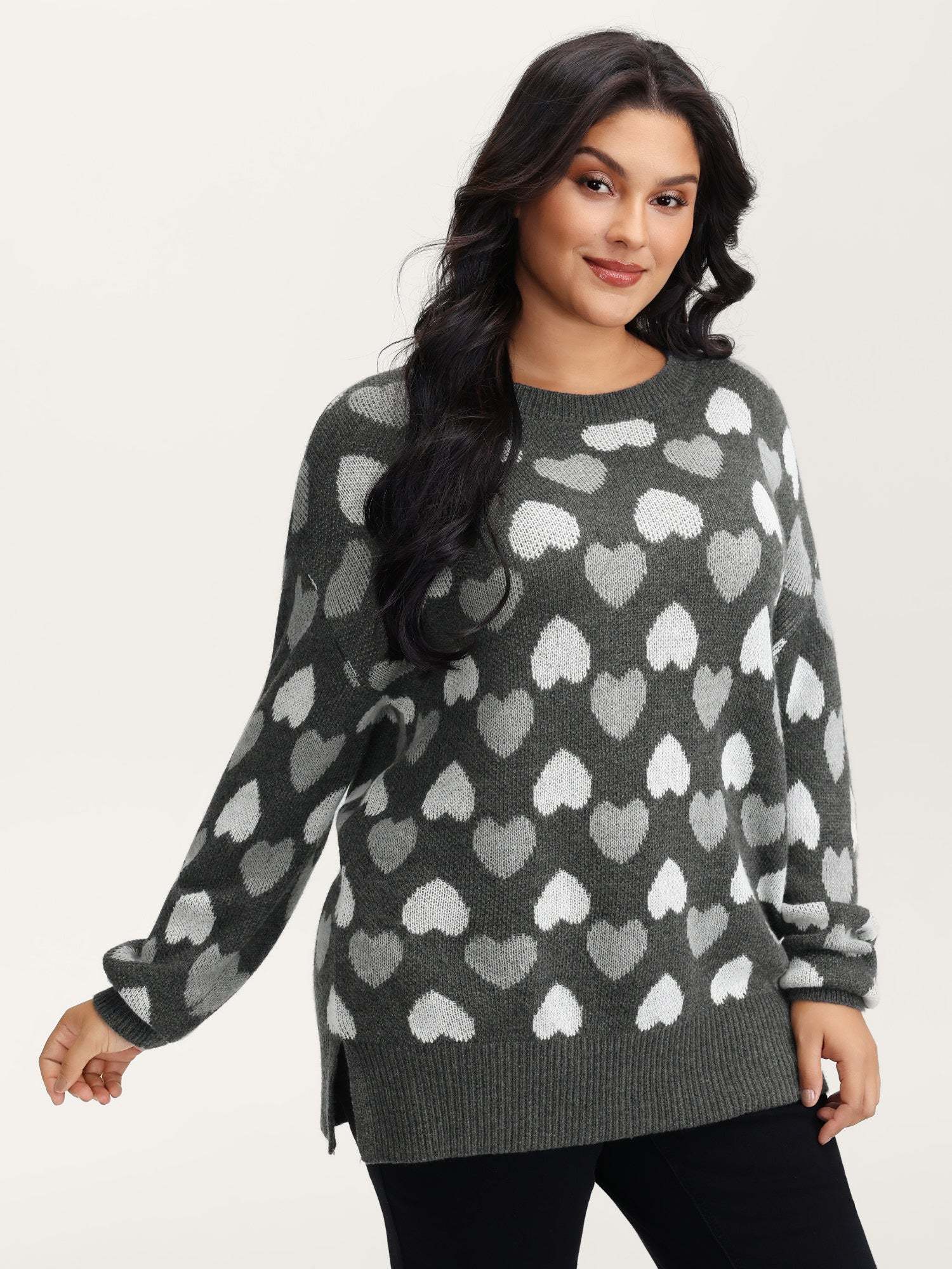 Monochrome Hearts Slit Round Neck Pullover