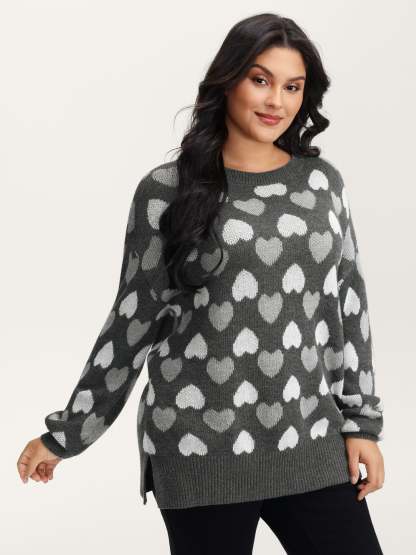Monochrome Hearts Slit Round Neck Pullover