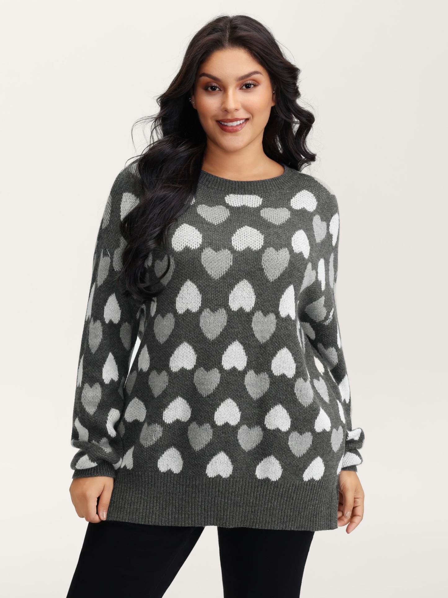 Monochrome Hearts Slit Round Neck Pullover