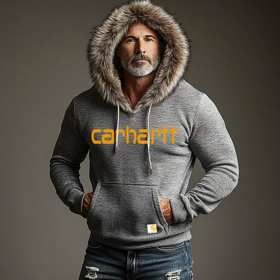 Men's Casual Long Sleeve Pocket Drawstring Fluffy Trim Hoodie