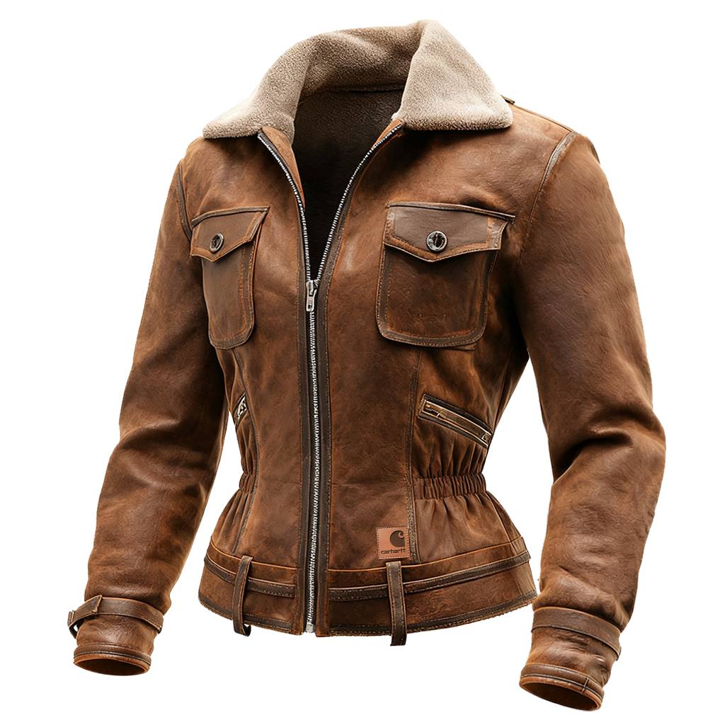 Vintage Brown Leather Jacket with Faux Shearling Collar