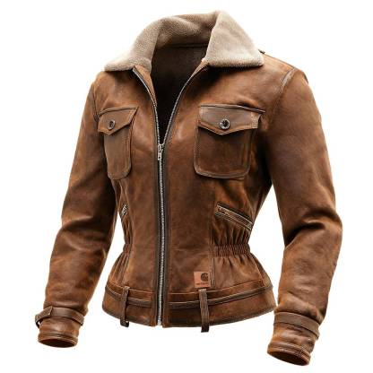 Vintage Brown Leather Jacket with Faux Shearling Collar