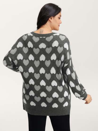 Monochrome Hearts Slit Round Neck Pullover